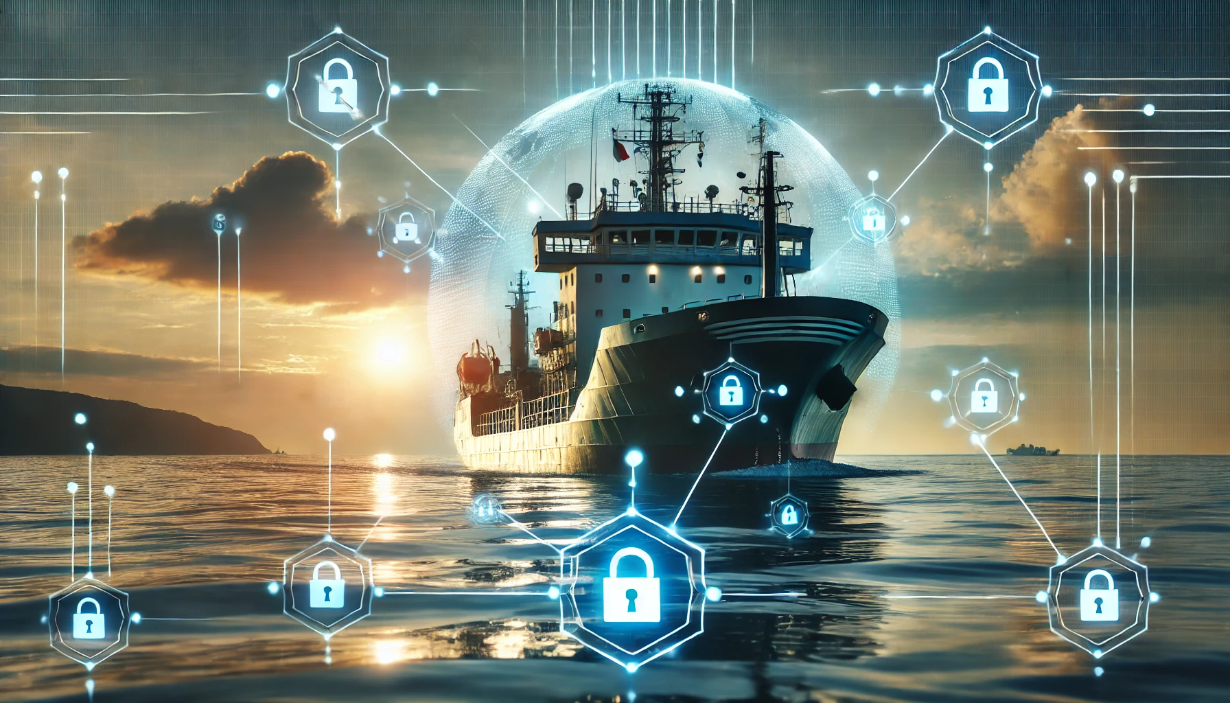 DALL·E-2024-12-29-19.53.38-A-commercial-vessel-sailing-on-calm-seas-with-a-prominent-focus-on-cyber-security.-The-image-features-a-digital-overlay-of-cybersecurity-symbols-like.png